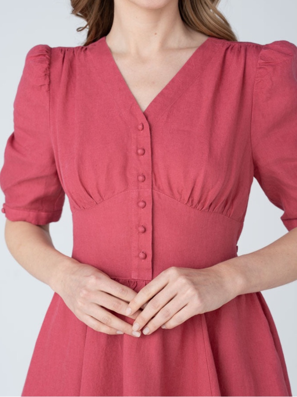 Son De Flor NWT Diane puff sleeve linen midi dress in wild rose size XS - Picture 2 of 5